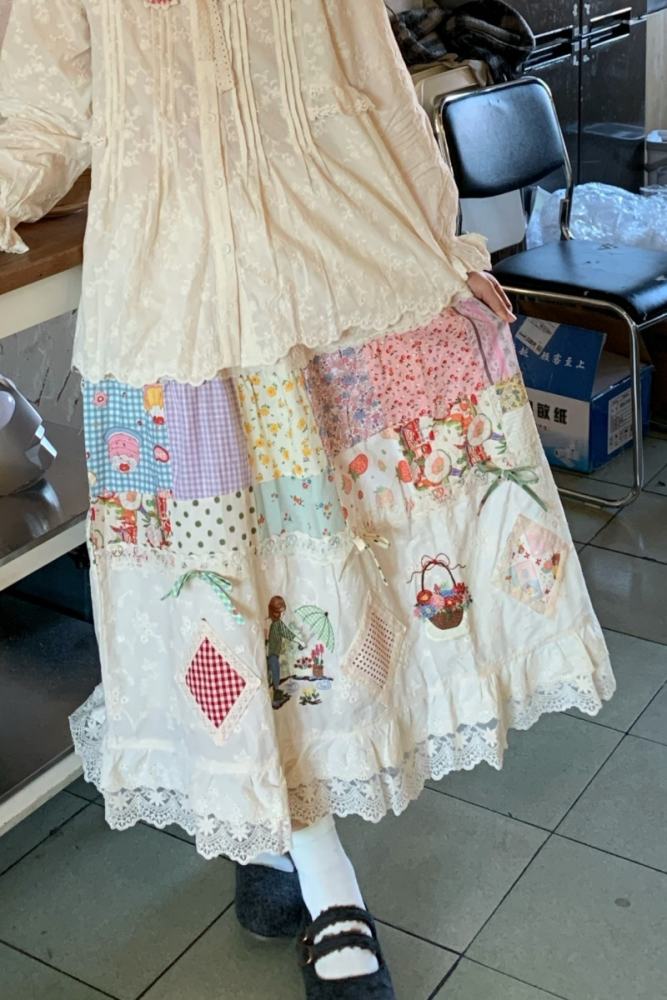 Embroidered Lace Patchwork Skirt Mori Kei Fashion