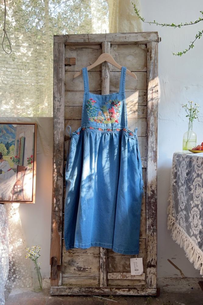 Retro Floral Denim Salopette Mori Kei Fashion