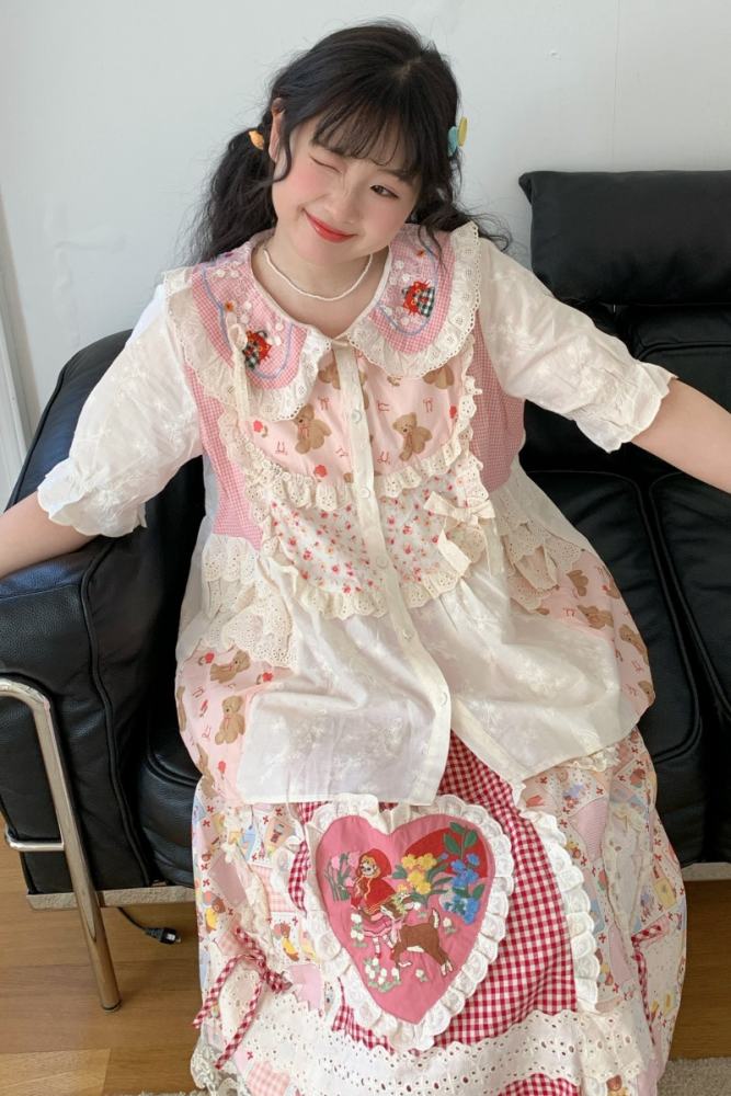 Embroidered Collage Blouse Skirt Mori Kei Fashion
