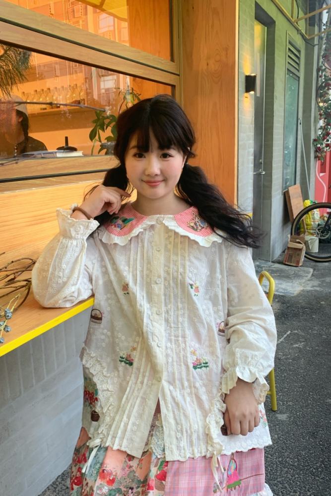 Sweet Embroidered Patchwork Long Sleeve Blouse Mori Kei Fashion
