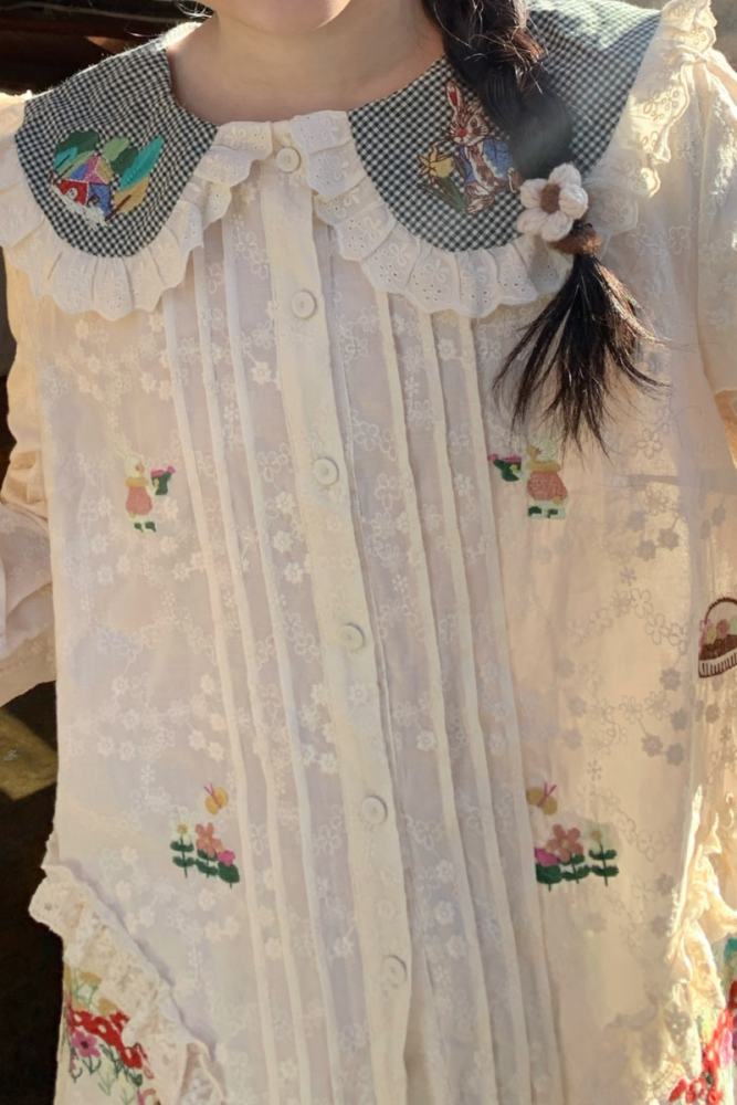 Sweet Embroidered Patchwork Long Sleeve Blouse Mori Kei Fashion