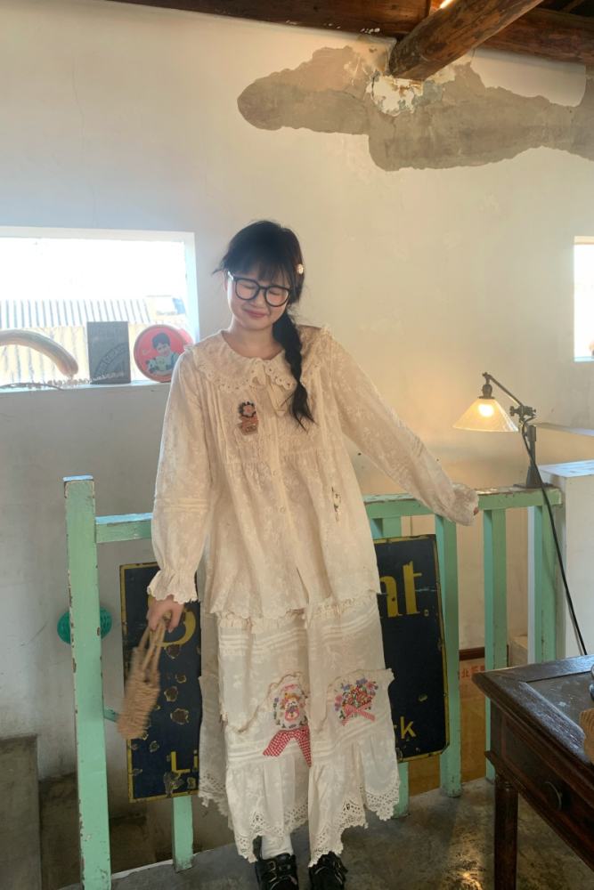 Embroidered Lace Patchwork Skirt Mori Kei Fashion