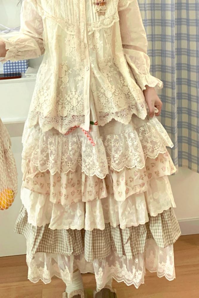 Embroidered Lace Patchwork Skirt Mori Kei Fashion