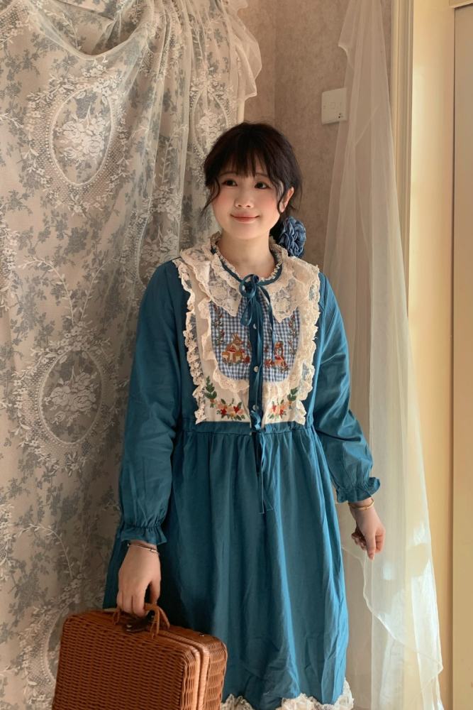 Retro French Lace Up Blue Dress Mori Kei Fashion