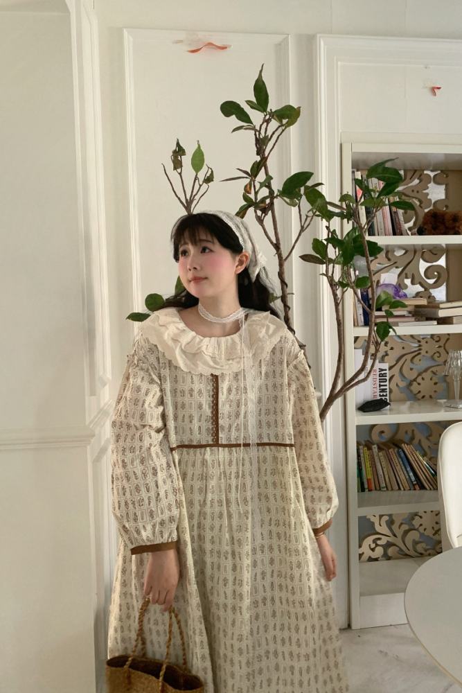 Double Lapel Collar Print Long Dress Mori Kei Fashion