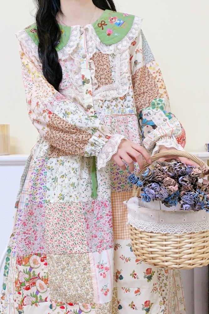 Lovely Patchwork Long Dress Mori Kei Fashion