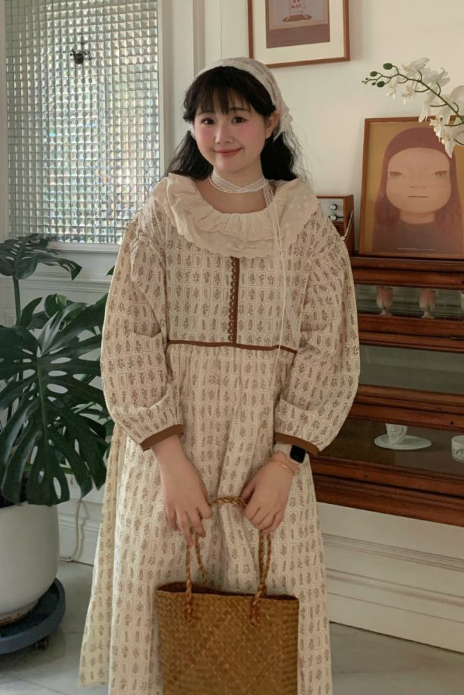 Double Lapel Collar Print Long Dress Mori Kei Fashion