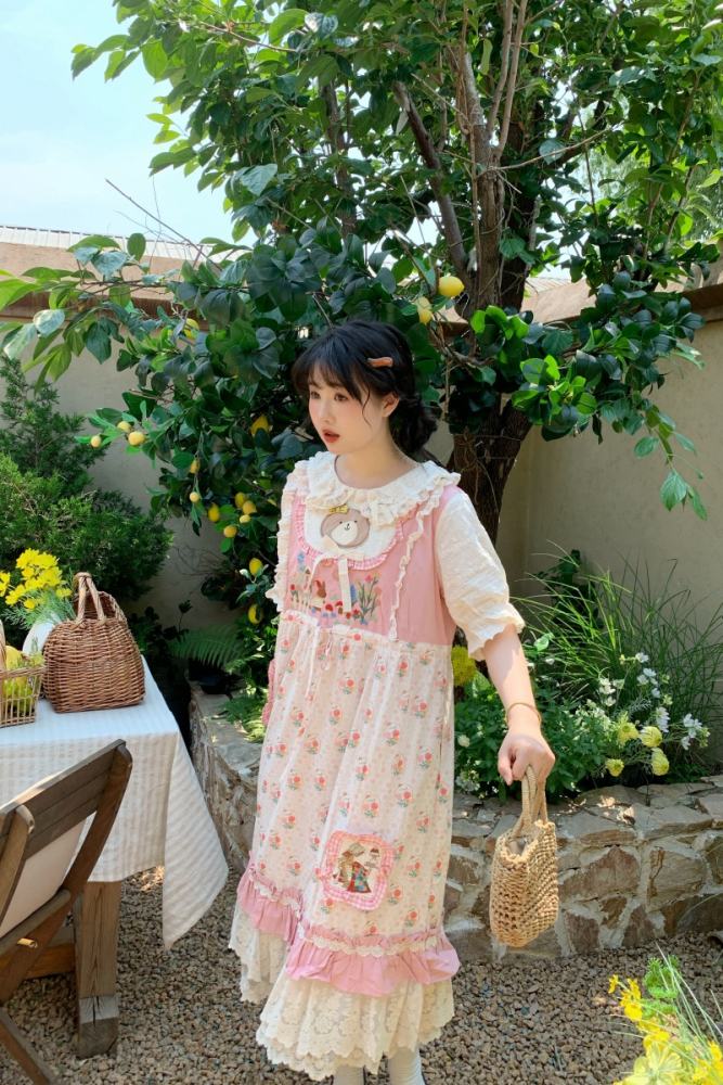 Retro Embroidery Flowers Long Dress Mori Kei Fashion