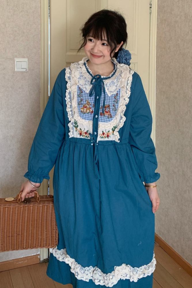 Retro French Lace Up Blue Dress Mori Kei Fashion