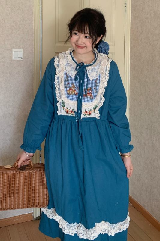 Retro French Lace Up Blue Dress Mori Kei Fashion