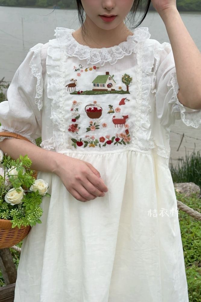 Retro Lace White Long Dress Mori Kei Fashion