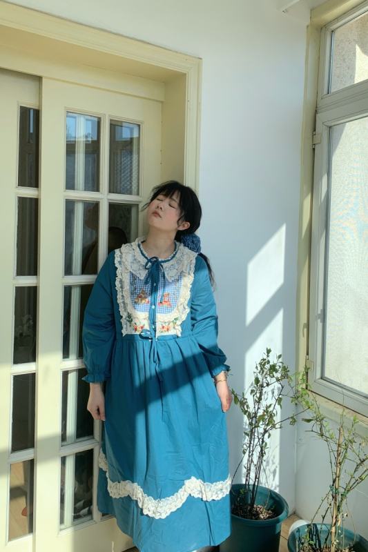 Retro French Lace Up Blue Dress Mori Kei Fashion