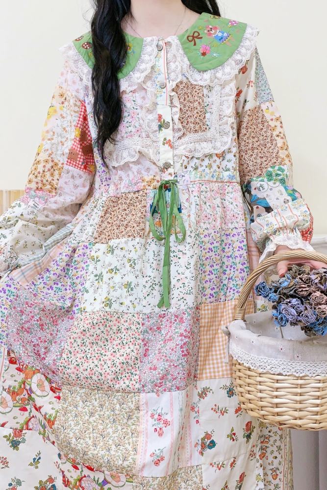 Lovely Patchwork Long Dress Mori Kei Fashion