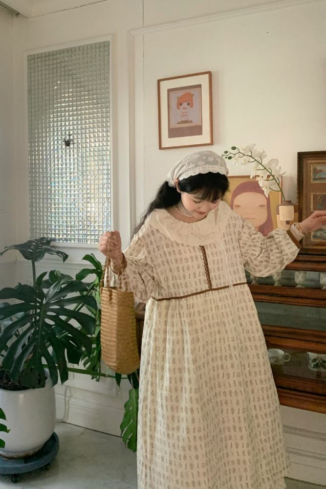 Double Lapel Collar Print Long Dress Mori Kei Fashion