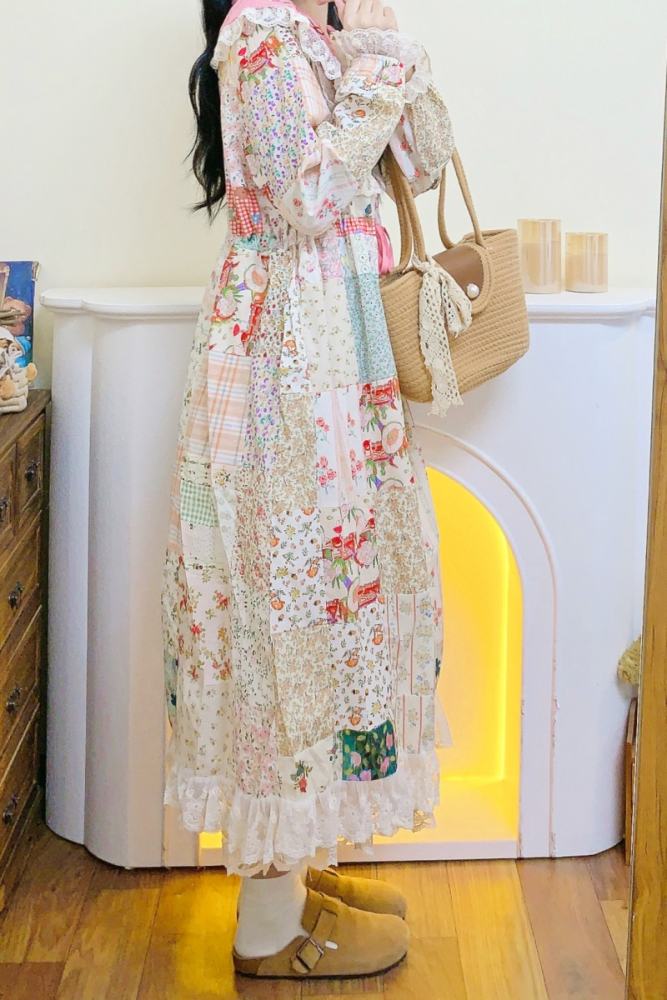 Lovely Patchwork Long Dress Mori Kei Fashion