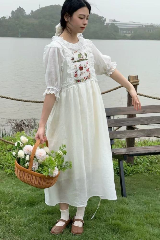 Retro Lace White Long Dress Mori Kei Fashion