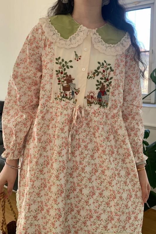 Early Spring Sweet Floral Print Dress Mori Kei Fashion