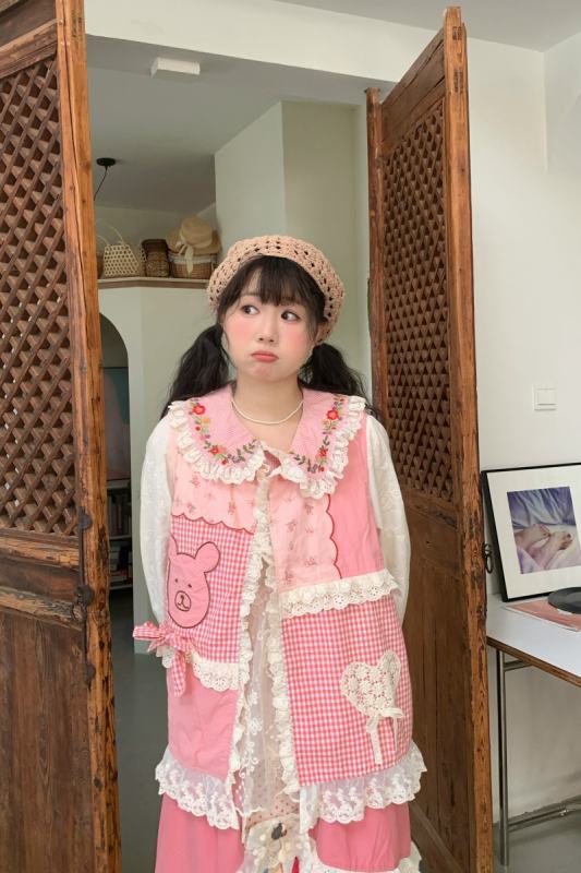 Sweet Plaid Skirt Pink Vest Mori Kei Clothing