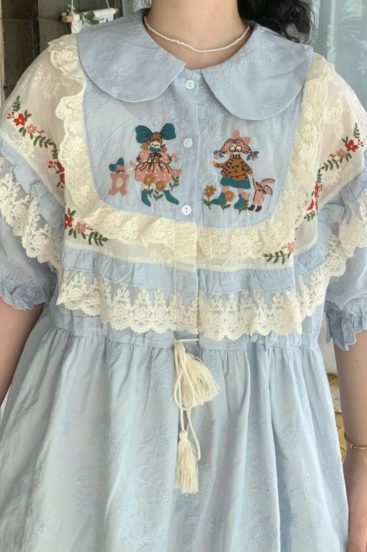 Retro Lace Trims Blue Dress Mori Kei Clothing