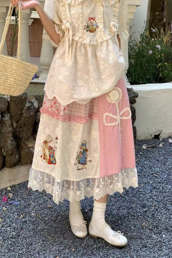 Sweet Embroidery Vest Beige Skirt Mori Kei Outfits