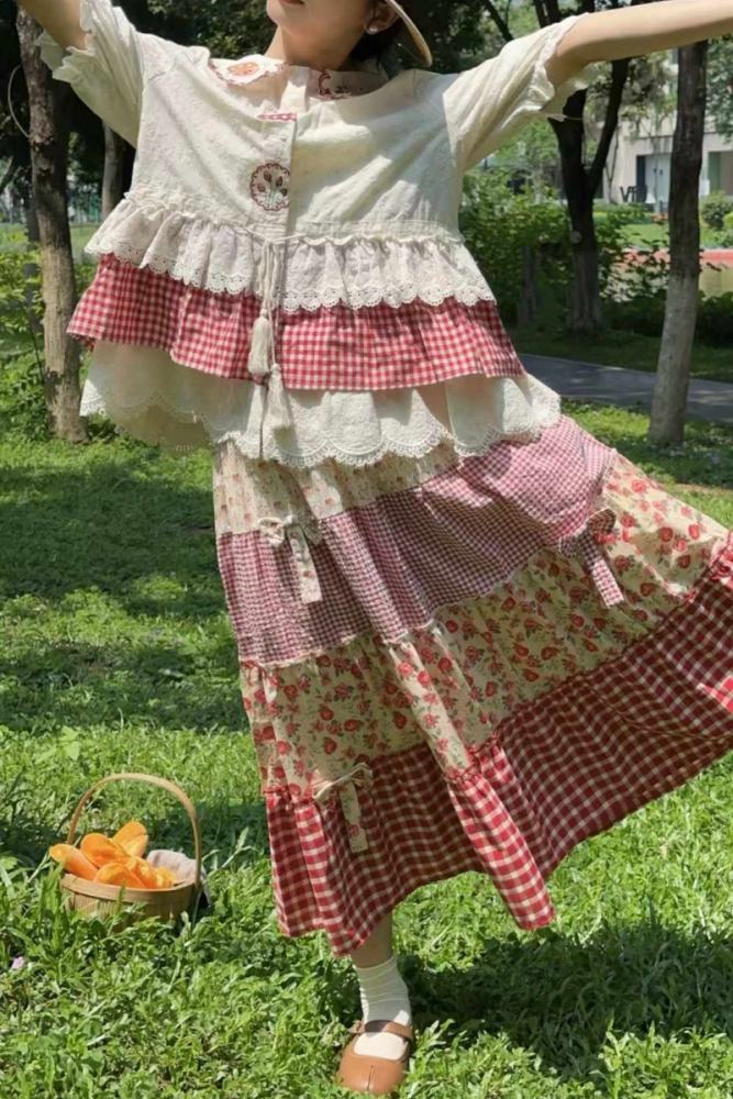 Flowers Plaid Patchwork Skirt Mori Kei Style