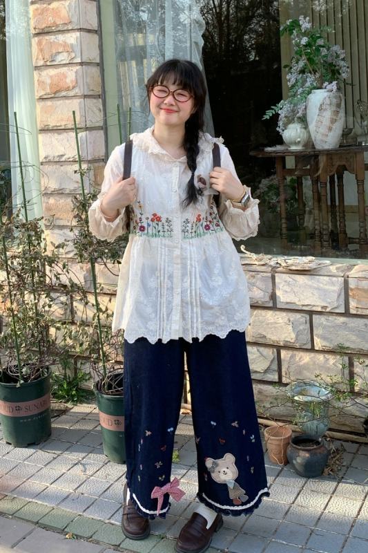 Denim Embroidery Wide Leg Pants Mori Kei Style