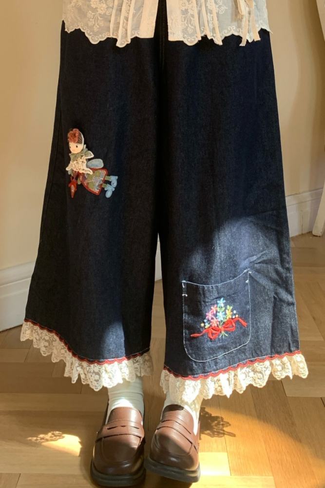 Denim Embroidery Wide Leg Pants Mori Kei Style