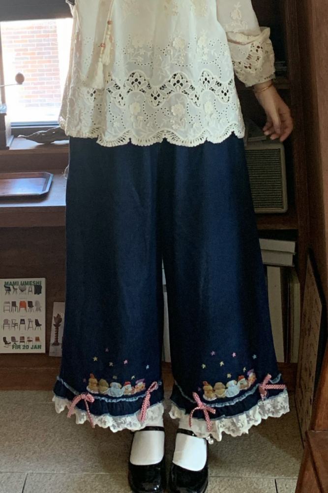 Denim Embroidery Wide Leg Pants Mori Kei Style