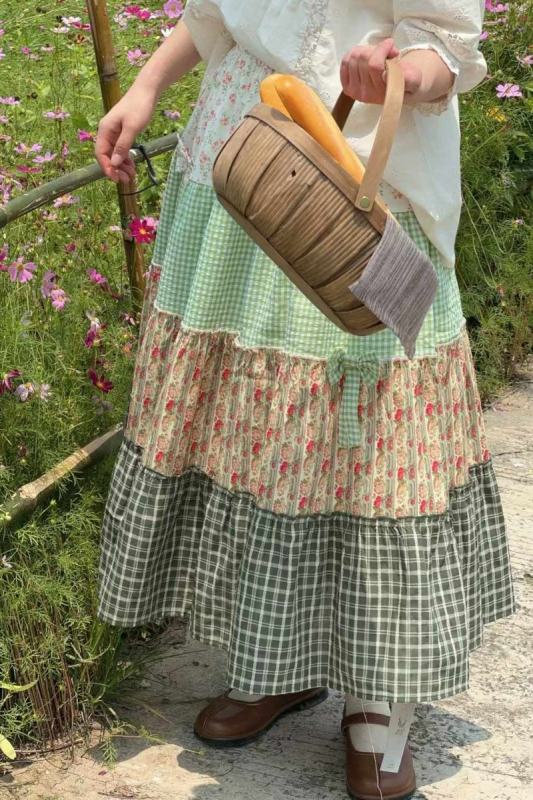 Flowers Plaid Patchwork Skirt Mori Kei Style