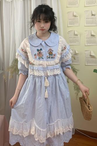 Retro Lace Trims Blue Dress Mori Kei Clothing