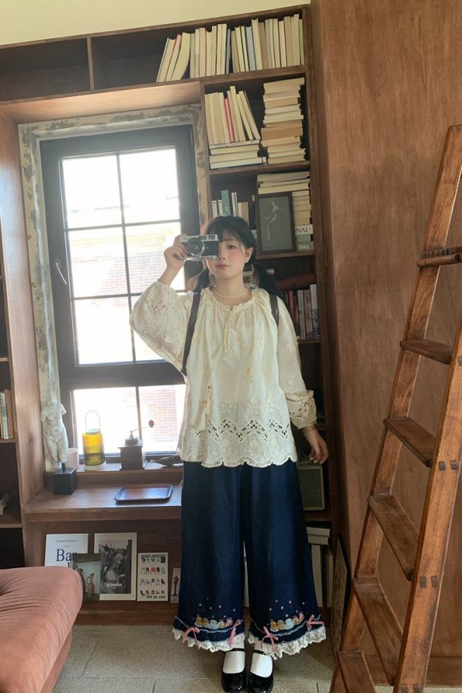 Denim Embroidery Wide Leg Pants Mori Kei Style