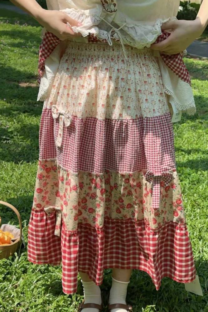 Flowers Plaid Patchwork Skirt Mori Kei Style