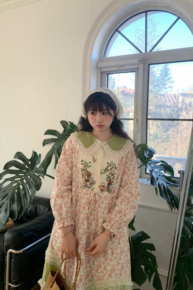 Early Spring Sweet Floral Print Dress Mori Kei Fashion