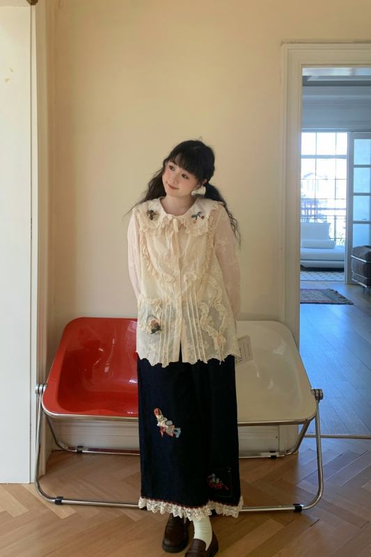 Denim Embroidery Wide Leg Pants Mori Kei Style