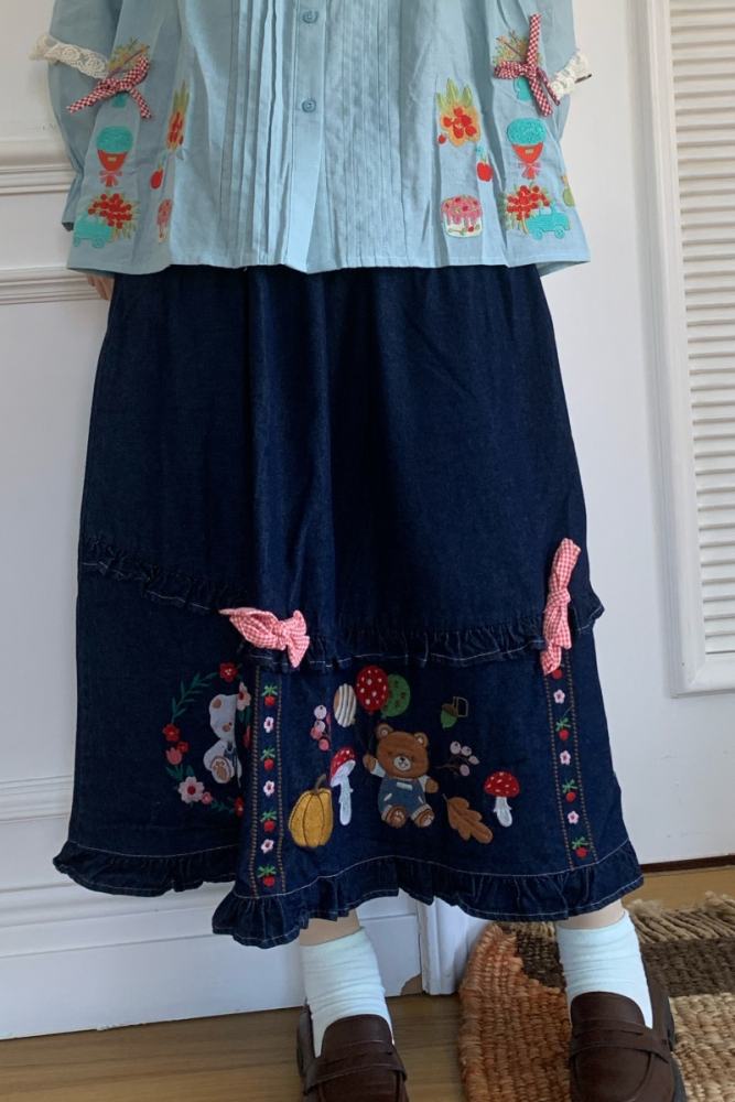 Daily Embroidered Skirt Blue Blouse Mori Kei Outfits