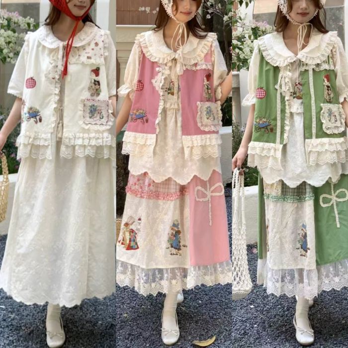 Sweet Embroidery Vest Beige Skirt Mori Kei Outfits