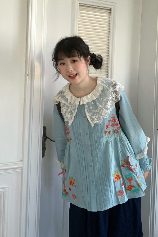 Daily Embroidered Skirt Blue Blouse Mori Kei Outfits