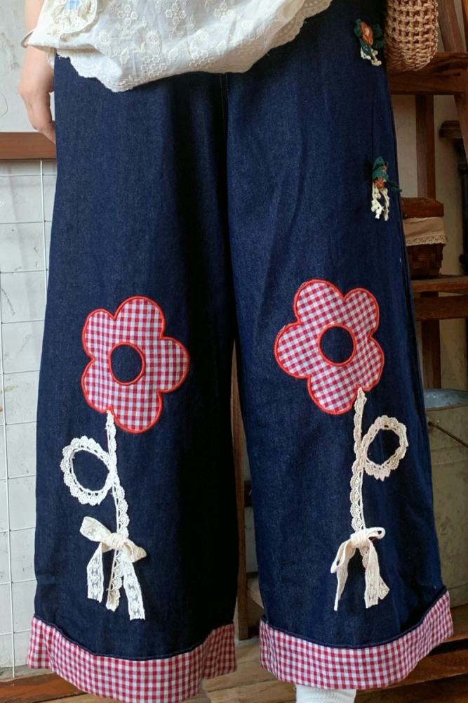 Denim Embroidery Wide Leg Pants Mori Kei Style