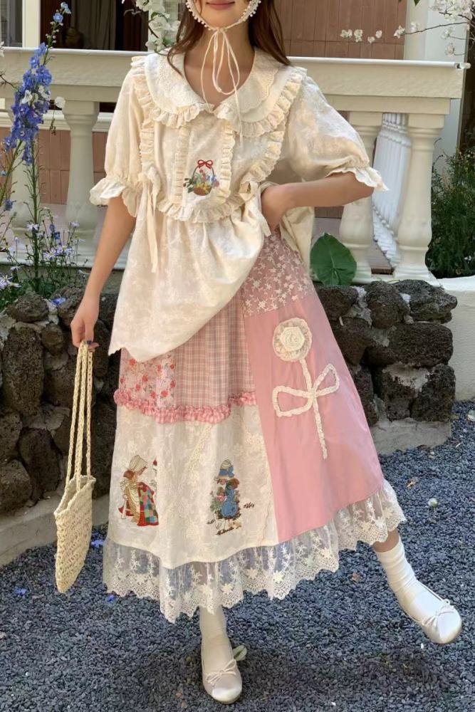 Sweet Embroidery Vest Beige Skirt Mori Kei Outfits