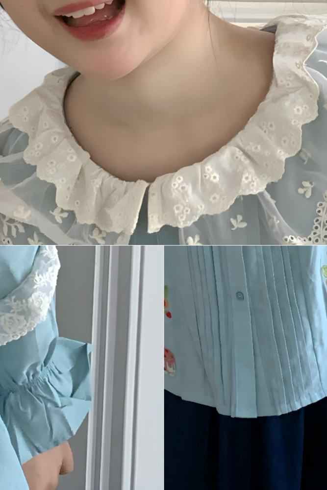Daily Embroidered Skirt Blue Blouse Mori Kei Outfits