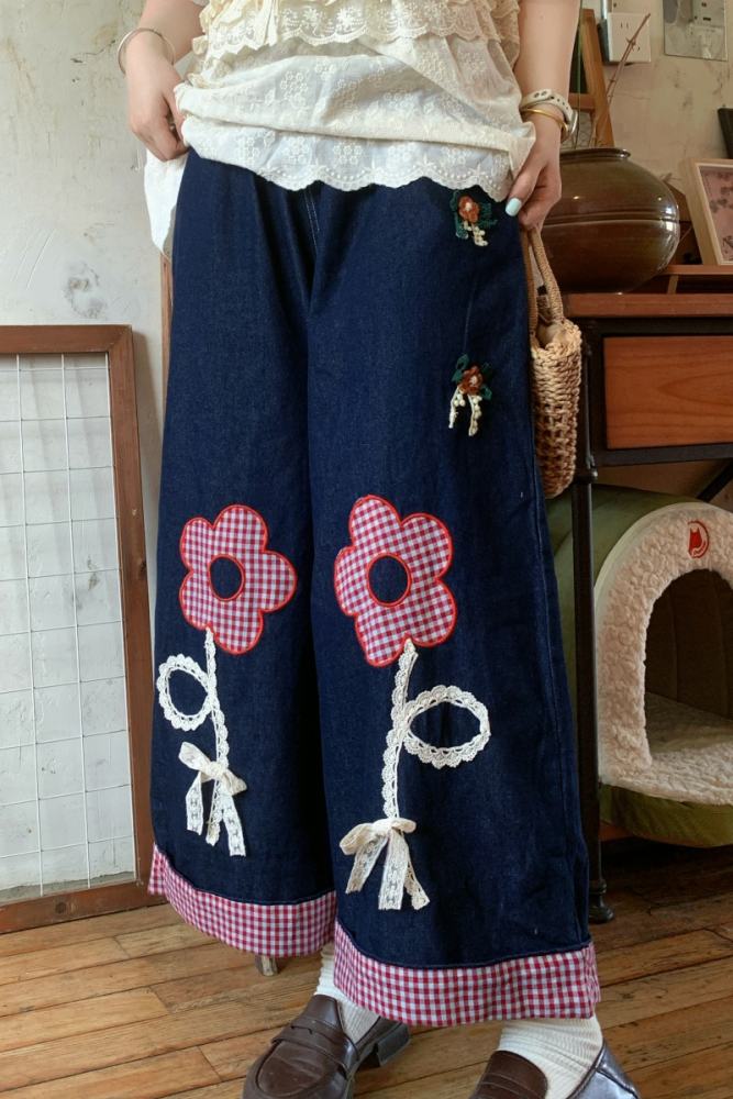 Denim Embroidery Wide Leg Pants Mori Kei Style