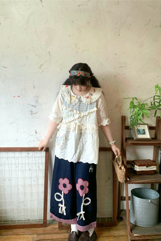 Denim Embroidery Wide Leg Pants Mori Kei Style