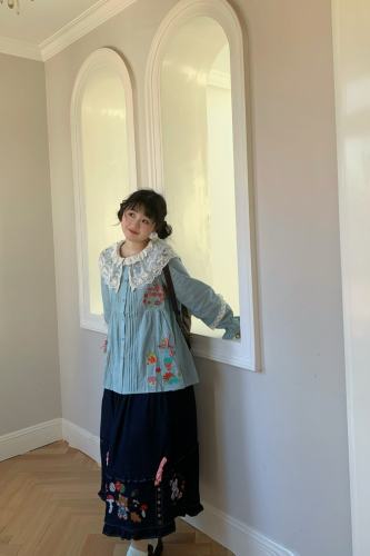 Daily Embroidered Skirt Blue Blouse Mori Kei Outfits