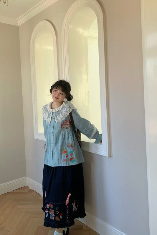 Daily Embroidered Skirt Blue Blouse Mori Kei Outfits