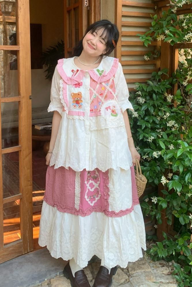 Sweet Plaid Patchwork Skirt Mori Kei Style