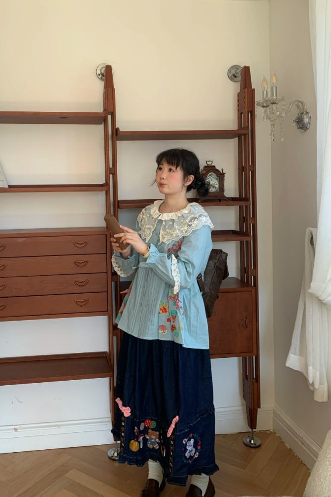 Daily Embroidered Skirt Blue Blouse Mori Kei Outfits