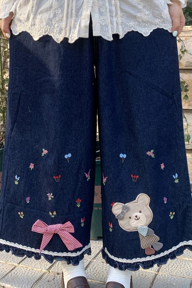 Denim Embroidery Wide Leg Pants Mori Kei Style