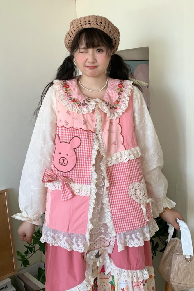 Sweet Plaid Skirt Pink Vest Mori Kei Clothing