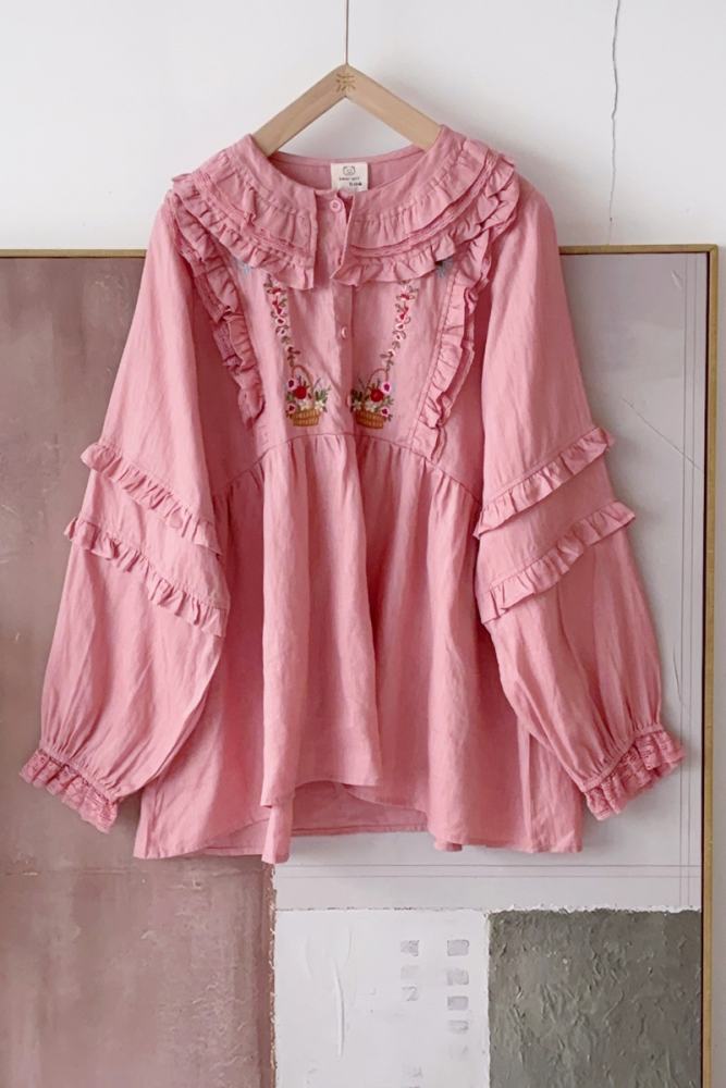 Lacework Long Sleeve Blouse Pink Mori Kei Style