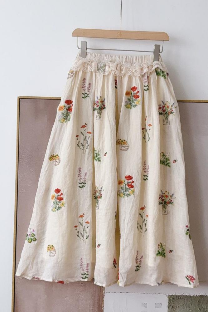 Nature Flowers Embroidery Skirt White Mori Kei Style